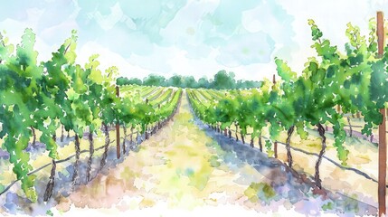 A watercolor depiction of a vineyard, with varying shades of green representing the rows of grapevines stretching into the distance.