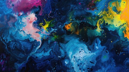 Colorful and creative abstract artwork representing a dramatic and surreal space landscape with a dark blue galaxy backdrop