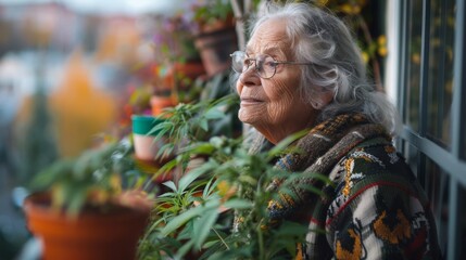 Elegant Elderly Lady Teaching Marijuana Cultivation on a Stylish Balcony in a Video Blog