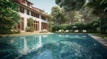 Swimming pool in the garden with beautiful view of villa.