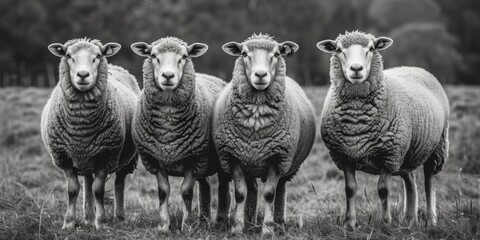 A group of sheep standing together in a green meadow, suitable for rural or farm-themed images