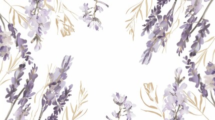 Lavender floral, luxury botanical on white background vector, empty space in the middle to leave room for text or logo, gold line wallpaper, leaves, flower, foliage, hand drawn