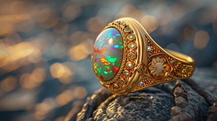 A golden ring sits atop a rocky outcropping, featuring an ophite stone