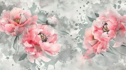 An abstract depiction of pink peonies with watercolor splotches in shades of gray, offering a modern twist on traditional floral art on paper.