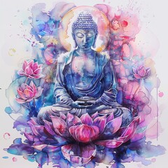 Serenity Found: Lotus Flower and Buddha in Watercolor Generative AI