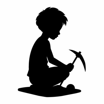 recommend clip art: Vector silhouette of child sitting working with sickle