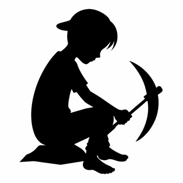 recommend clip art: Vector silhouette of child sitting working with sickle