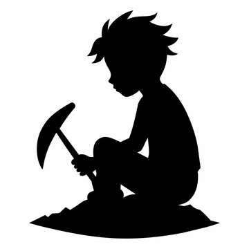 recommend clip art: Vector silhouette of child sitting working with sickle