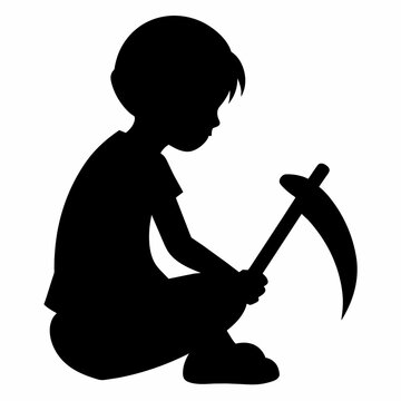 recommend clip art: Vector silhouette of child sitting working with sickle