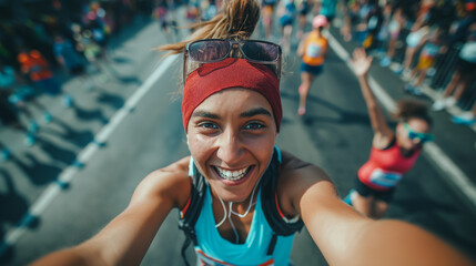 A runner capturing a selfie with the finish line in the background, sharing their achievement a dynamic and dramatic composition, with cope space