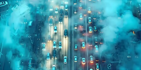 Traffic congestion with cars emitting exhaust during peak hours. Concept Air pollution, Traffic congestion, Exhaust emissions, Urban transportation