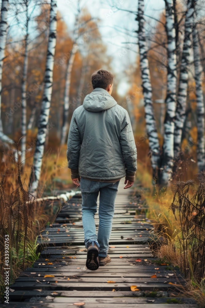Aufkleber a person strolling along a rustic forest trail, surrounded by trees and foliage