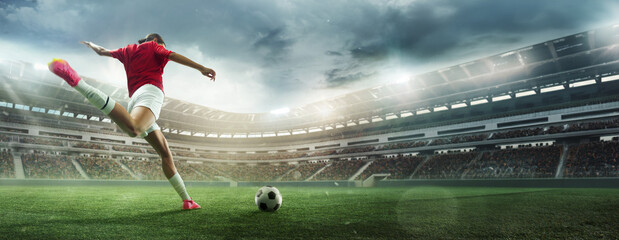 Focused and concentrated female soccer player in motion hitting ball in outdoor football arena. 3D stadium. Dynamic moment. Banner. Concept of sport, competition, tournament, games, event