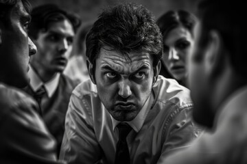 Obraz premium Several men are gathered around a man with a serious look, bullying concept 