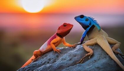 two multicolored agama lizard on a rock