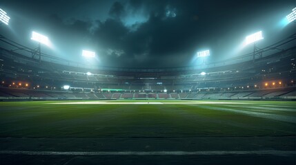 An Epic Empty Cricket Stadium at night, Lights. Generative AI.