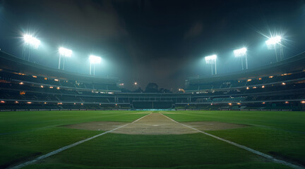 An Epic Empty Cricket Stadium at night, Lights. Generative AI.