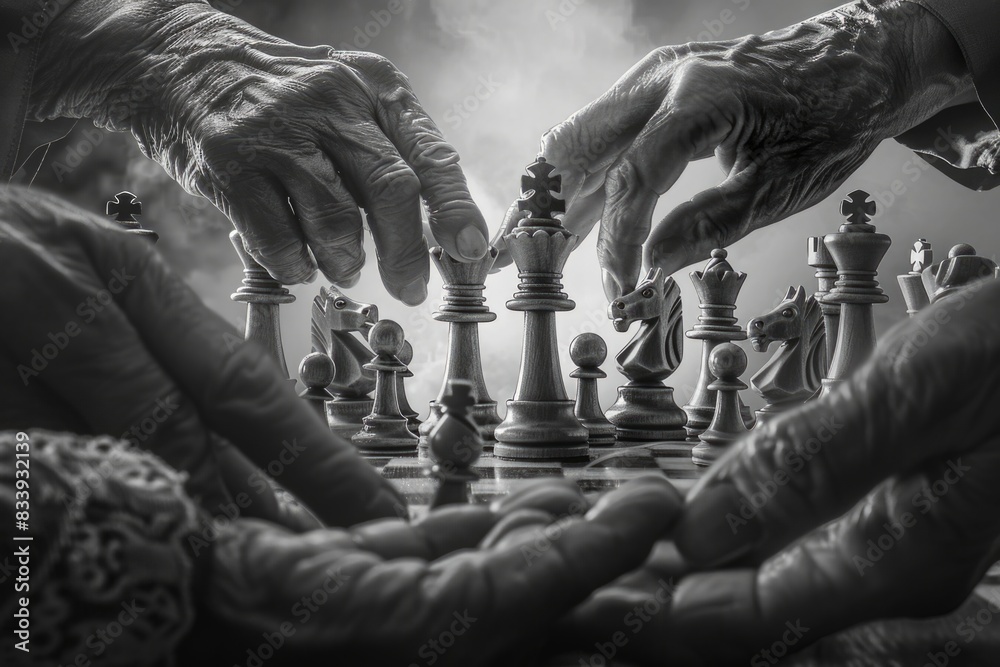 Poster group of people engaged in a game of chess