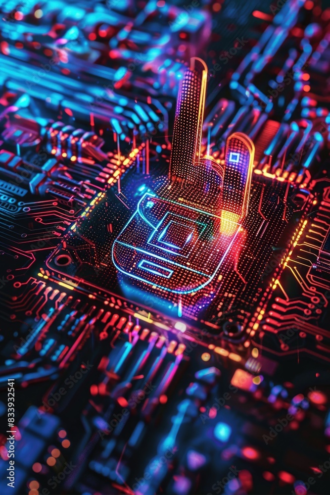 Aufkleber A close-up of a circuit board featuring a glowing padlock, suitable for use in technology or security-related contexts