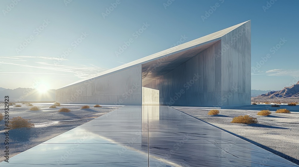 Poster an art gallery with artistic lines in the desert, minimalism. generative ai.