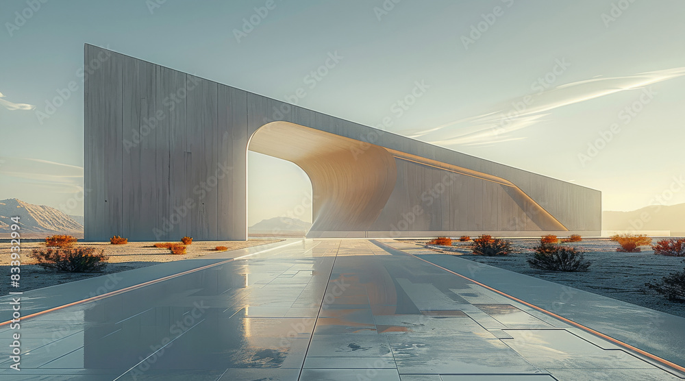 Poster an art gallery with artistic lines in the desert, minimalism. generative ai.