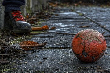 A soccer ball sits on the ground next to someone's feet, waiting to be played with or kicked