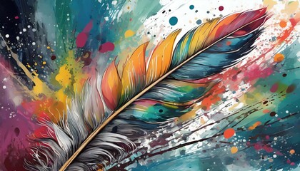 Obraz premium Feather painting colorful paint splatters, art design wallpaper