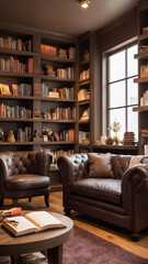 Cozy Café Scene: People Reading with Hot Chocolate, Chocolate Pastries, Plush Armchairs, Warm Lighting, Bookshelves, and Chocolate-Themed Menu, Generative AI