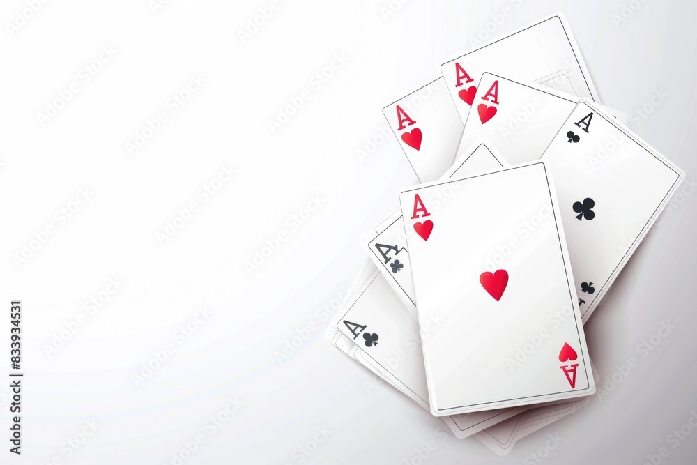 Poster A close-up shot of four playing cards on a table, with a poker game in progress