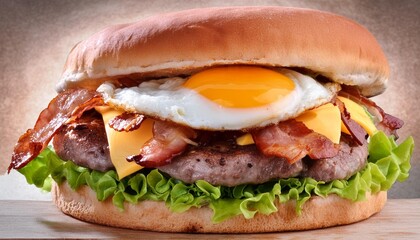 jugosa hamburguesa de ternera sobre fondo blanco ternera con huevo a la plancha lechuga fresca queso fundido y tocino crocante ai generado