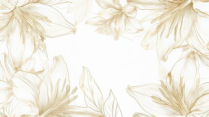 Lilies floral, luxury botanical on white background vector, empty space in the middle to leave room for text or logo, gold line wallpaper, leaves, flower, foliage, hand drawn