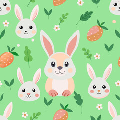 The image is a seamless pattern featuring cute bunnies, red strawberries, and small yellow flowers on a light green background. It is commonly called an Easter bunny pattern.