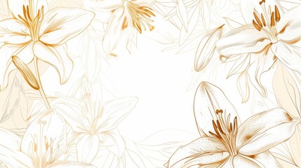 Lilies floral, luxury botanical on white background vector, empty space in the middle to leave room for text or logo, gold line wallpaper, leaves, flower, foliage, hand drawn