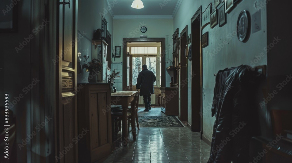 Poster A person standing in a hallway next to a table, providing context for various settings and themes