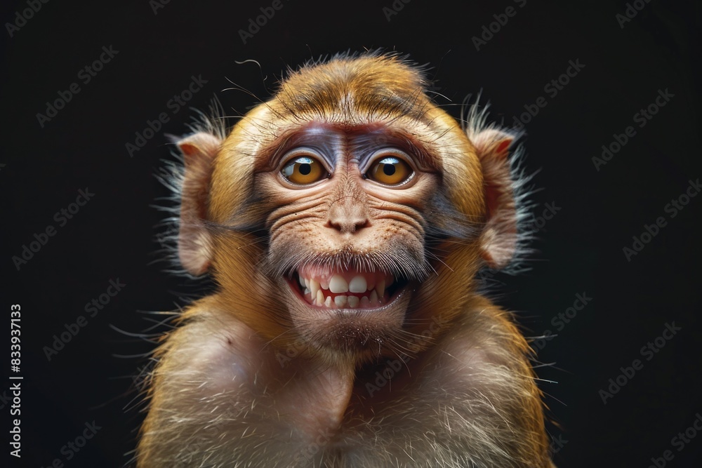Poster a close-up view of a monkey's face with its mouth open, suitable for use in animal-themed illustrati