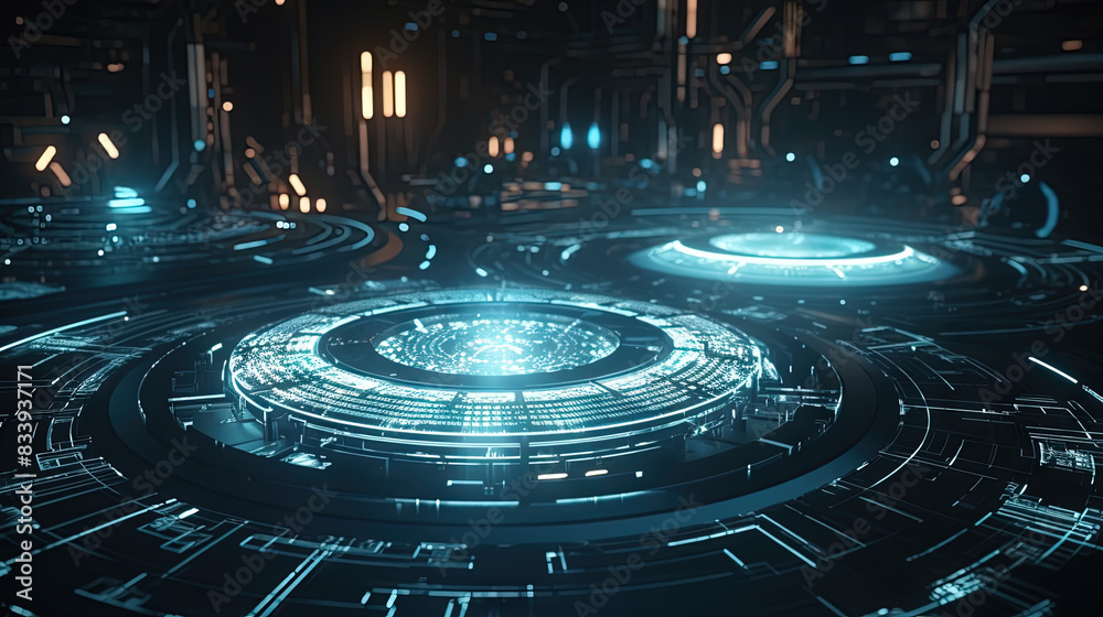 Aufkleber Technology abstract background with hud styled round interface elements in neon tech light.