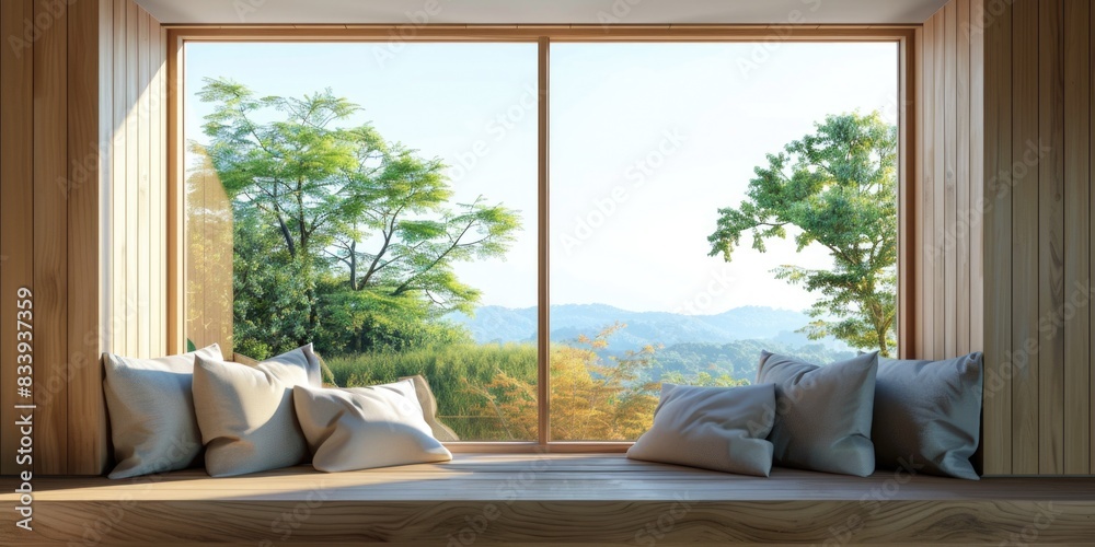 Poster cozy window seat with pillows and a view, perfect for reading or relaxing
