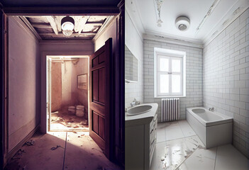 Apartment or room before and after renovation. Renovation concept. AI generative.