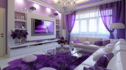 Modern living room interior design, white and purple theme with a large chandelier, a sofa set in the center of a glass coffee table with a crystal lamp on top. Generative AI.