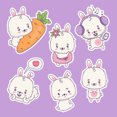 Collection cute white rabbit stickers. Ballerina girl, bunny in love, with carrot and headphones, unhappy sad baby. Isolated funny kawaii animal characters. Vector illustration. Kids collection