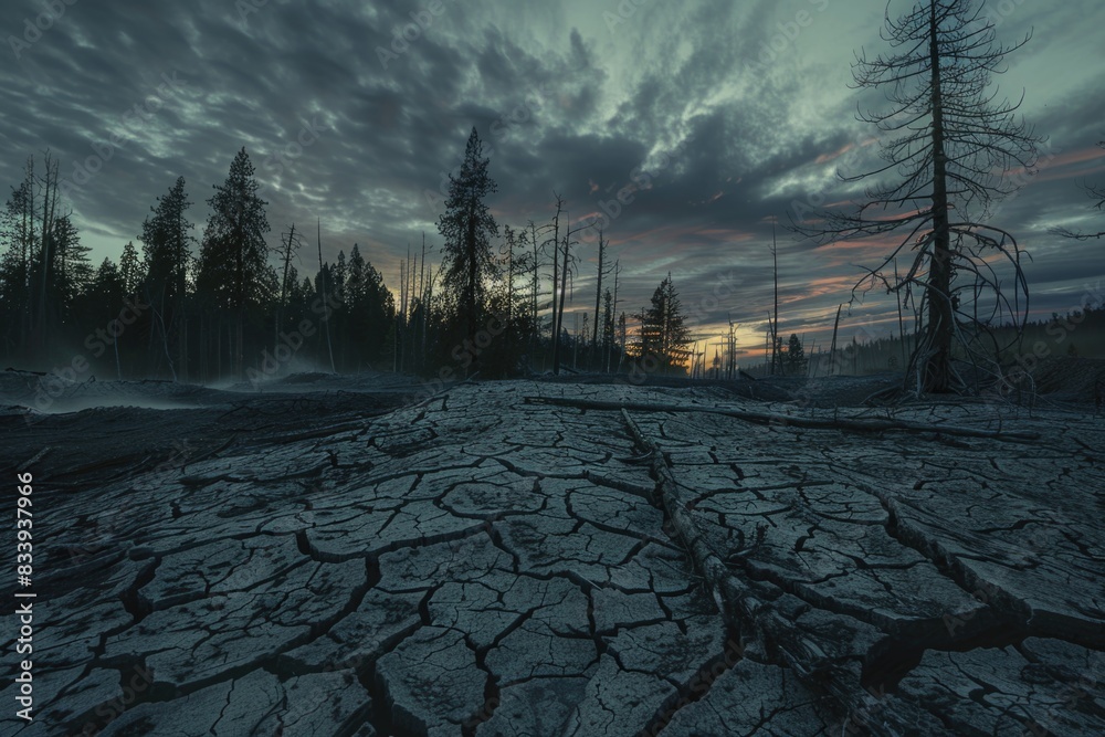Poster Barren desert landscape with trees in the background, great for use as a placeholder or to add some texture to your design