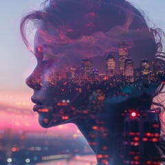 Create an image of a human face with a double exposure effect, combining the profile with a city skyline during dawn. Use soft pinks and purples to create a calm, introspective mood. Render the image