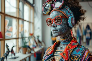 Fototapeta premium Stylish mannequin with colorful ethnic accessories and sunglasses
