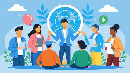 A group of young leaders participating in a mock United Nations summit using their skills in diplomacy and negotiation to find common ground and. Vector illustration