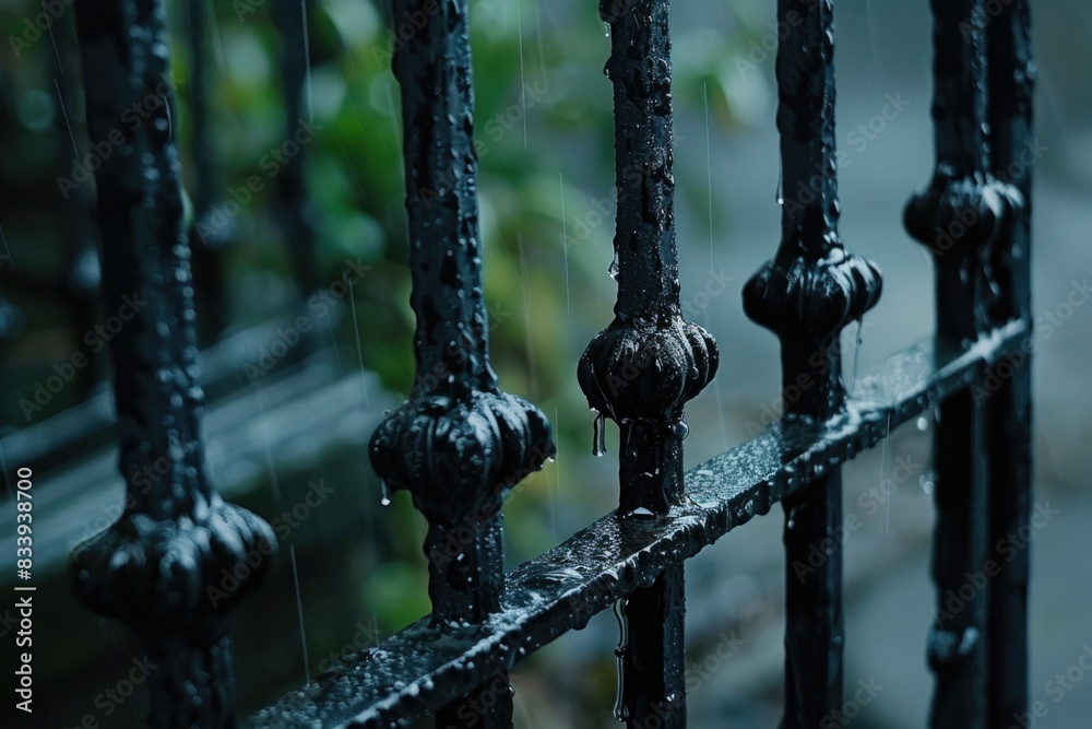 Poster A detailed view of a black iron fence with intricate designs and patterns, suitable for use in historical or architectural contexts