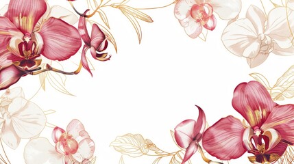 Orchids floral, luxury botanical on white background vector, empty space in the middle to leave room for text or logo, gold line wallpaper, leaves, flower, foliage, hand drawn 
