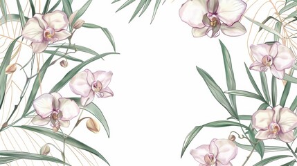Orchids floral, luxury botanical on white background vector, empty space in the middle to leave room for text or logo, gold line wallpaper, leaves, flower, foliage, hand drawn 