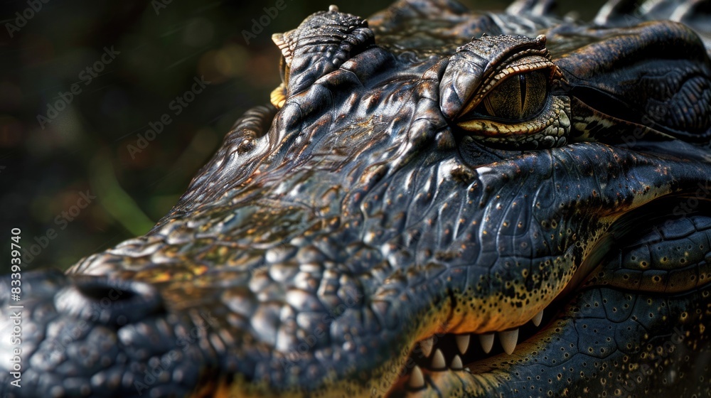 Poster a close-up photo of an alligator's head with its mouth open, suitable for use in wildlife or nature-