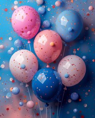 Festive background with colorful confetti and balloons, perfect for party invitations, bright colors