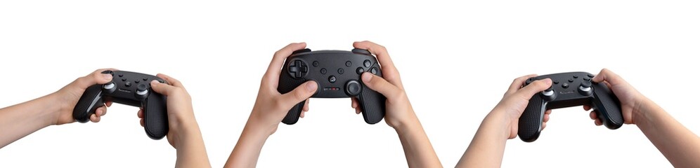 Three-angle view of a child holding a gamepad in left, front, and right positions isolated, transparent. Perfect for gaming, technology, and children's content © Stanisic Vladimir